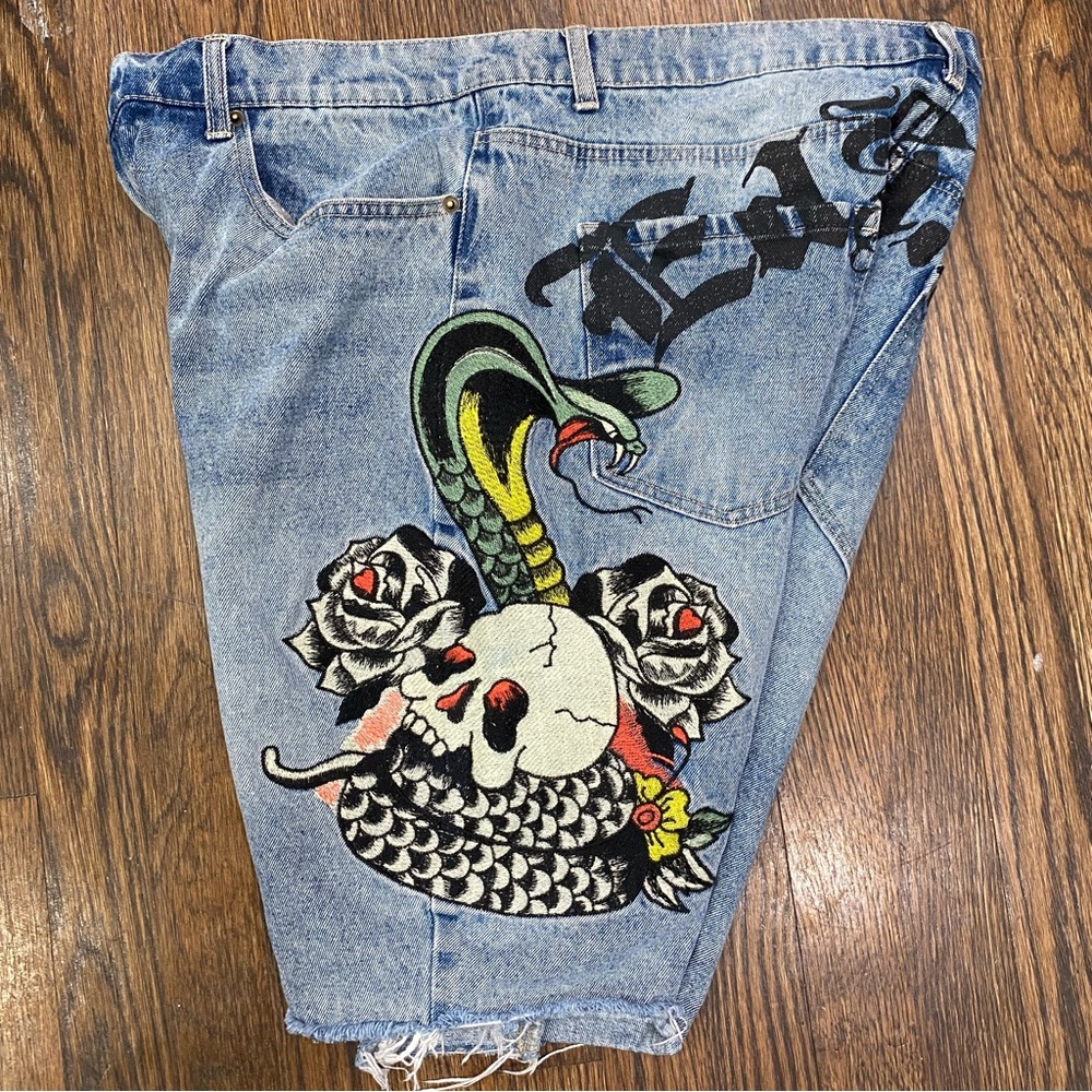 Ed Hardy Blue Relaxed Jeans with Distressed Details Skull and Snake Print